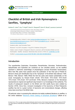 Checklist of British and Irish Hymenoptera - Sawflies, ‘Symphyta’