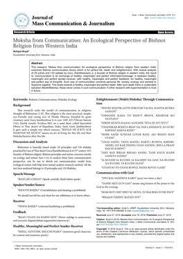 Moksha from Communication: an Ecological Perspective of Bishnoi Religion from Western India Achyut Aryal* Kurukshetra University (KU), Haryana, India