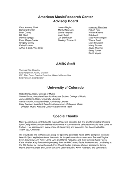 American Music Research Center Advisory Board AMRC Staff