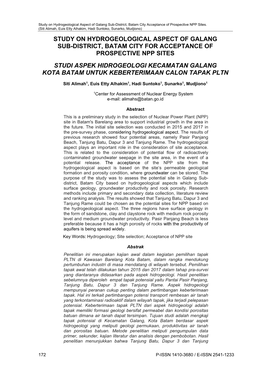 Study on Hydrogeological Aspect of Galang Sub-District, Batam City Acceptance of Prospective NPP Sites