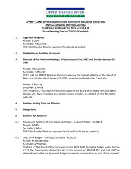 UPPER THAMES RIVER CONSERVATION AUTHORITY BOARD of DIRECTORS' ANNUAL GENERAL MEETING AGENDA THURSDAY, FEBRUARY 18, 2021 at 9