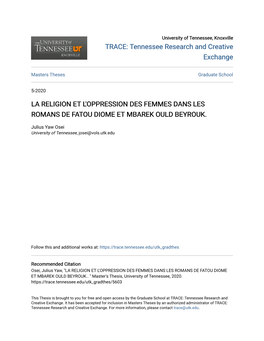 La Religion Et L'oppression Des Femmes Dans Les Romans De Fatou Diome Et Mbarek Ould Beyrouk