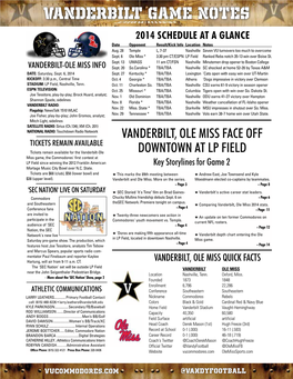 Vanderbilt GAME NOTES 2014 Schedule at a Glance Date Opponent Result/Kick Info Location Notes Aug