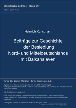 Beiträge Zur Geschichte Der Besiedlung Nord- Und Mitteldeutschlands Mit Balkanslaven