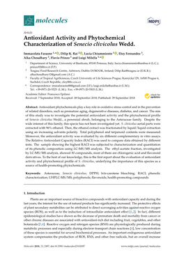 Antioxidant Activity and Phytochemical Characterization of Senecio Clivicolus Wedd