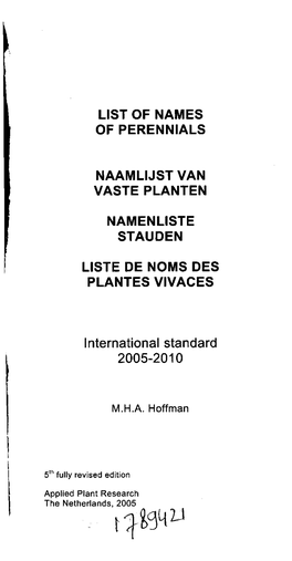 List of Names of Perennials Naamlijst Van Vaste Planten