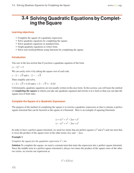 3.4 Solving Quadratic Equations by Complet- Ing the Square