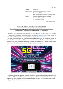 Now Including an Ultra-High-Speed 5G Plan, a First in the Wi-Fi Router Rental Industry Initial Rollout in Popular Hawaii and Mainland USA Destinations
