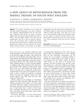 A NEW GENUS of RHYNCHOSAUR from the MIDDLE TRIASSIC of SOUTH-WEST ENGLAND by DAVID W