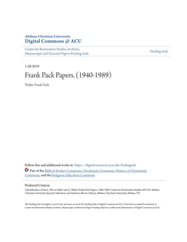 Frank Pack Papers, (1940-1989) Walter Frank Pack