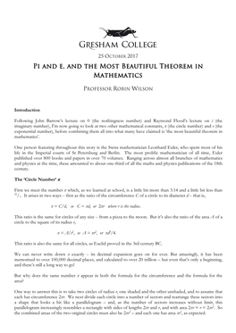 Pi and E, and the Most Beautiful Theorem in Mathematics