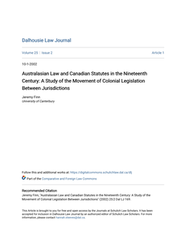 Australasian Law and Canadian Statutes in the Nineteenth Century: a Study of the Movement of Colonial Legislation Between Jurisdictions