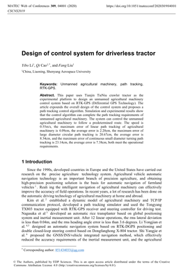 Design of Control System for Driverless Tractor