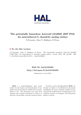 The Potentially Hazardous Asteroid (214869) 2007 PA8: an Unweathered L Chondrite Analog Surface S Fornasier, Irina N