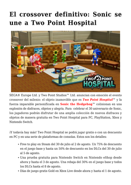 El Crossover Definitivo: Sonic Se Une a Two Point Hospital