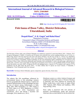 Fish Fauna of Doon Valley, District Dehradun, Uttarakhand, India