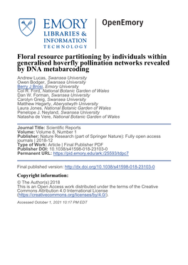 Floral Resource Partitioning by Individuals Within Generalised