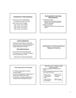 Introduction to Neuroanatomy I: Regional Anatomy First Half of Lecture