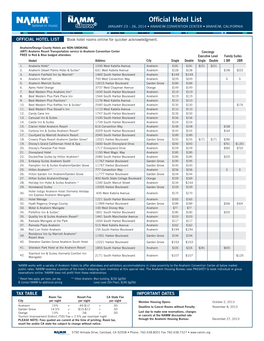 Official Hotel List JANUARY 23 – 26, 2014 • ANAHEIM CONVENTION CENTER • ANAHEIM, CALIFORNIA