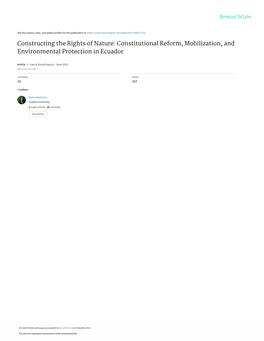 Constructing the Rights of Nature: Constitutional Reform, Mobilization, and Environmental Protection in Ecuador