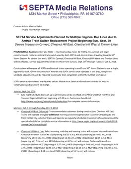 SEPTA Service Adjustments Planned for Multiple Regional Rail Lines Due to Amtrak Track Switch Replacement Project Beginning Sun., Sept