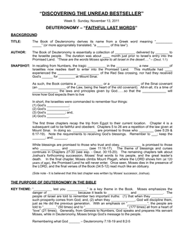 Week 5: Sunday, November 13, 2011 DEUTERONOMY – “FAITHFUL LAST WORDS”