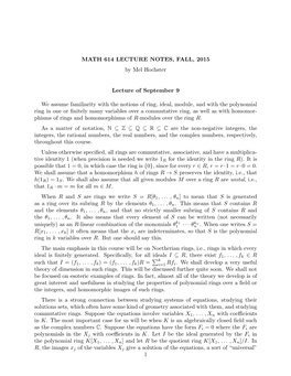 MATH 614 LECTURE NOTES, FALL, 2015 by Mel Hochster