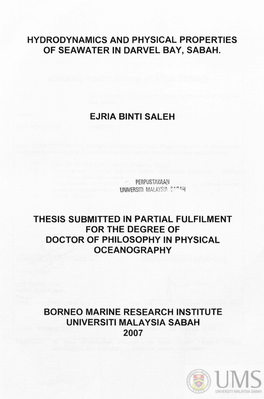 Hydrodynamics and Physical Properties of Seawater in Darvel Bay, Sabah