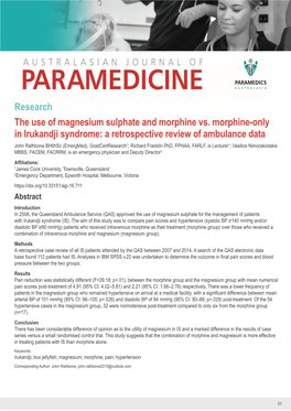 Research the Use of Magnesium Sulphate and Morphine Vs