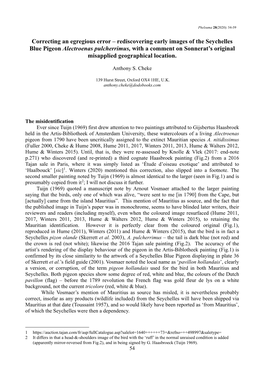 Rediscovering Early Images of the Seychelles Blue Pigeon Alectroenas Pulcherrimus, with a Comment on Sonnerat’S Original Misapplied Geographical Location