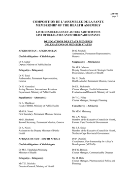 Composition De L'assemblee De La Sante Membership of the Health