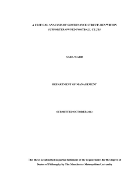 A Critical Analysis of Governance Structures Within Supporter Owned Football Clubs
