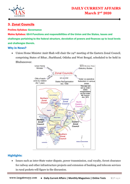 DAILY CURRENT AFFAIRS March 2Nd 2020 3. Zonal Councils