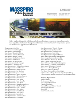 Below Is a Partial List of the Public Officials and Civic Leaders from Massachusetts Who Have Signed the 21St Century Transporta