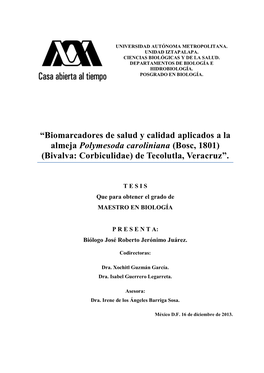 Biomarcadores De Salud Y Calidad Aplicados a La Almeja Polymesoda Caroliniana (Bosc, 1801) (Bivalva: Corbiculidae) De Tecolutla, Veracruz”