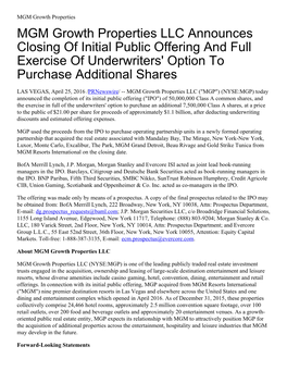 MGM Growth Properties LLC Announces Closing of Initial Public Offering and Full Exercise of Underwriters' Option to Purchase Additional Shares