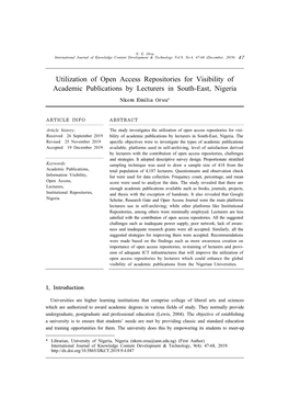 Utilization of Open Access Repositories for Visibility of Academic Publications by Lecturers in South-East, Nigeria