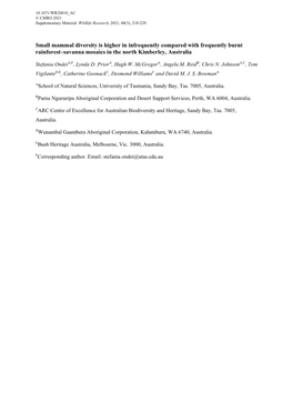 Small Mammal Diversity Is Higher in Infrequently Compared with Frequently Burnt Rainforest–Savanna Mosaics in the North Kimberley, Australia