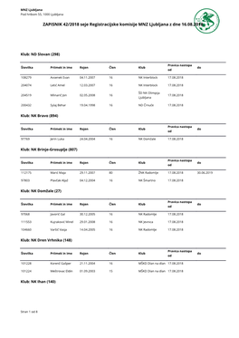 ZAPISNIK 42/2018 Seje Registracijske Komisije MNZ Ljubljana Z Dne 16.08.2018