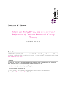 Johann Von Rist (1607-77) and the Theory and Performance of Drama in Seventeenth Century Germany