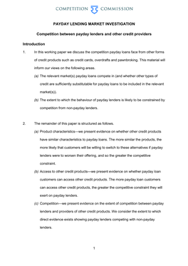 Competition Between Payday Lenders and Other Credit Providers