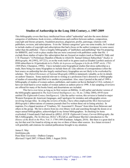 Studies of Authorship in the Long 18Th Century, C. 1987-2009