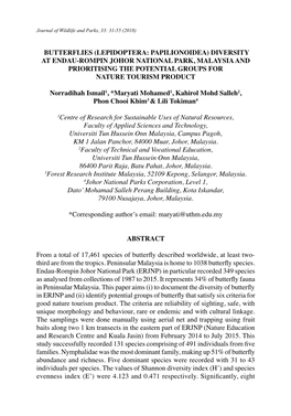 Butterflies (Lepidoptera: Papilionoidea) Diversity at Endau-Rompin Johor National Park, Malaysia and Prioritising the Potential Groups for Nature Tourism Product