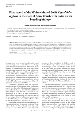 First Record of the White-Chinned Swift Cypseloides Cryptus in the State of Acre, Brazil, with Notes on Its Breeding Biology