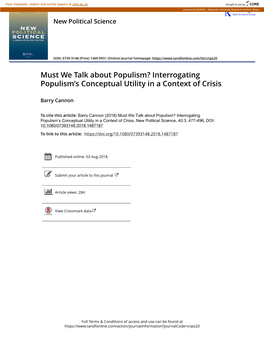 Must We Talk About Populism? Interrogating Populism’S Conceptual Utility in a Context of Crisis