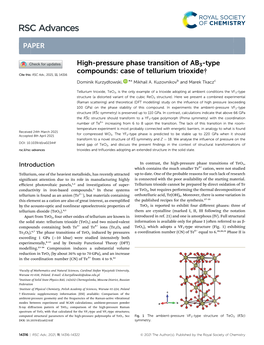 High-Pressure Phase Transition of AB3-Type Compounds: Case of Tellurium Trioxide† Cite This: RSC Adv.,2021,11,14316 Dominik Kurzydłowski, *A Mikhail A