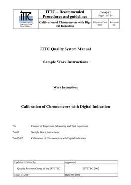 Recommended Procedures and Guidelines ITTC Quality System