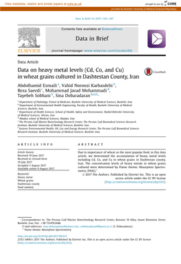 Data on Heavy Metal Levels (Cd, Co, and Cu) in Wheat Grains Cultured in Dashtestan County, Iran