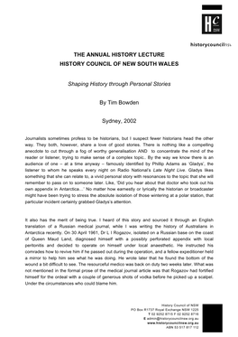 The Annual History Lecture History Council of New South Wales