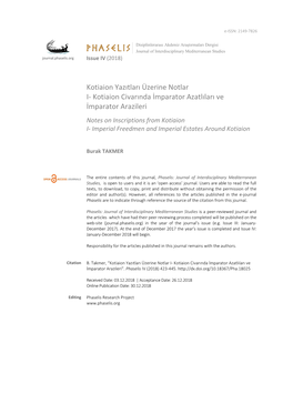 Kotiaion Civarında İmparator Azatlıları Ve İmparator Arazileri Notes on Inscriptions from Kotiaion I- Imperial Freedmen and Imperial Estates Around Kotiaion